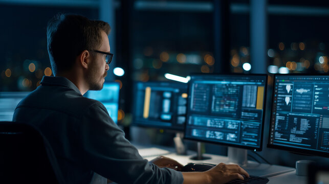 Faceless man working on multiple computer monitors in a dark high-tech surveillance or data analysis control room. Defocused background. Multiple monitors dark room, surveillance