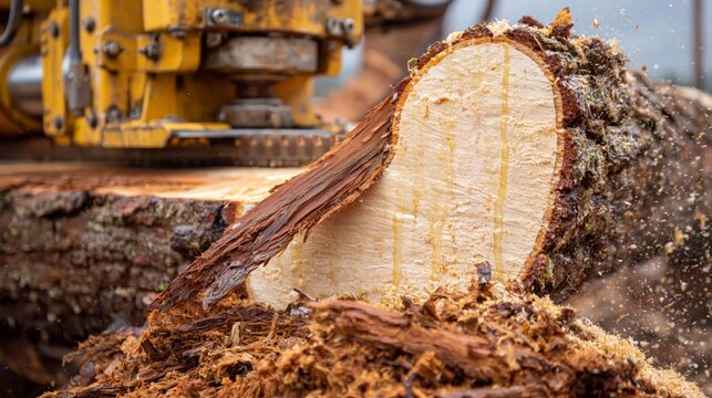 A logging timber yard freshly felled log processing.