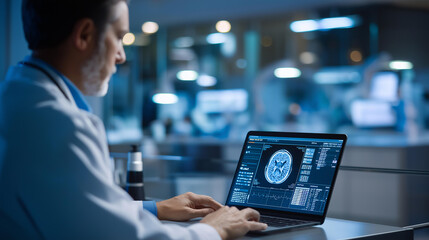 Obraz premium Faceless expert neurologist giving a detailed analysis of an MRI brain scan image in a clinical diagnostic concept. Defocused lab background. Neurologist MRI analysis, brain scan,