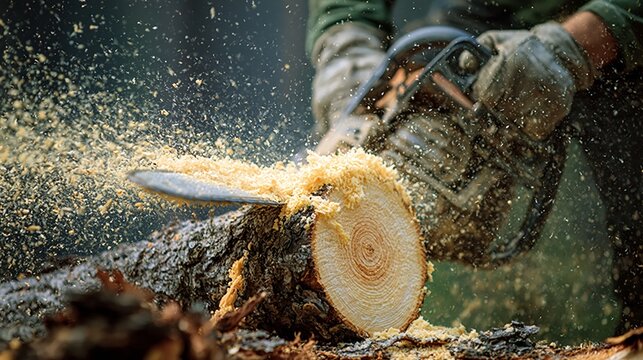 A logging chainsaw tree felling operation.