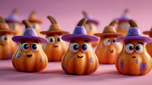 Tiny pumpkins wear purple hats with happy faces. They stand in a soft pink setting, smiling together. Each pumpkin has large eyes and a cheerful expression