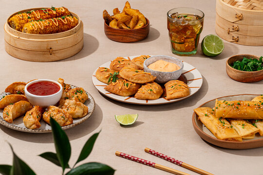 Variety of delicious Chinese fast food on a tabletop