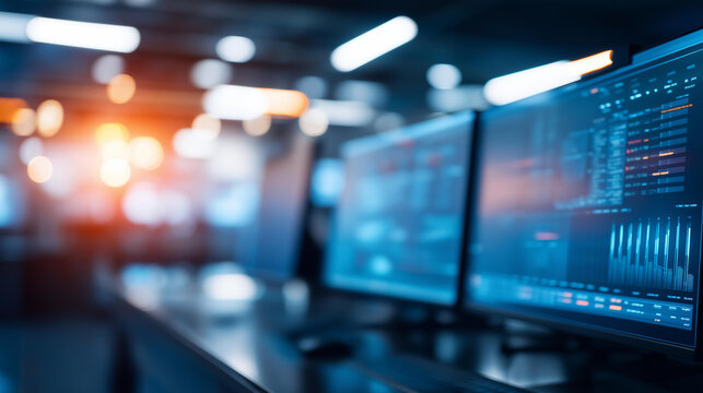 Professional cybersecurity operations room continuously overseeing various threat detection systems with multiple screens and alerts. Defocused background. Cyber ops room, threat