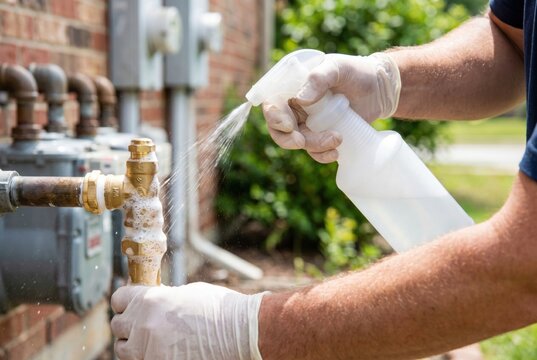 Technician in gloves spraying soapy water onto an outdoor gas pipe valve to check for leaks