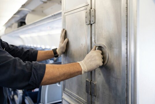 Cabin crew worker in gloves closing or opening a metal storage compartment inside an airplane galley