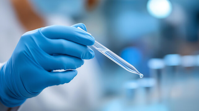 Close-up of a faceless gloved hand carefully handling a test tube in a laboratory setting emphasizing precision and attention to detail in medical research. Defocused background.