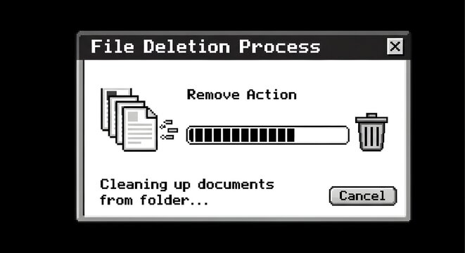 Retro digital interface showing file deletion progress with documents moving to trash