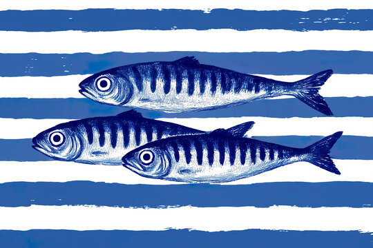 Sardine fish illustration on blue striped background art