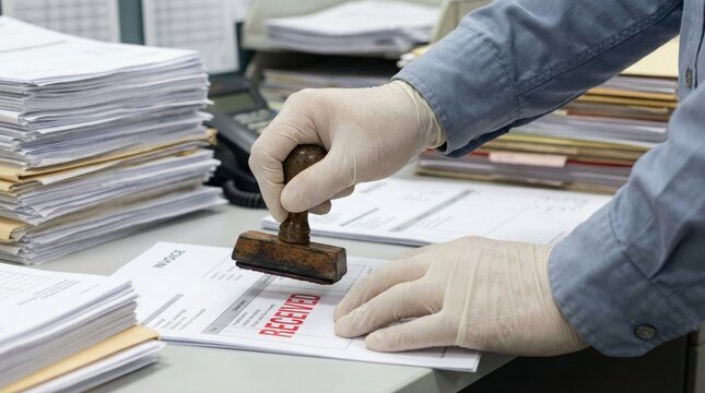 Office worker wearing gloves stamping a document with a red received stamp on a desk full of papers