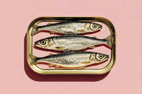 Top view of sardine fish illustration in tin on pink background