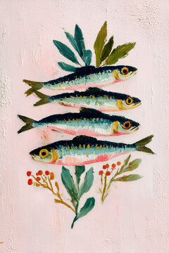 Sardine fish illustration with four painted fish and leaves