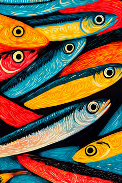 Colorful sardine fish illustration in bold textured style