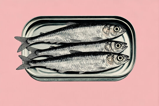 Sardine tin illustration with three fish on pink background