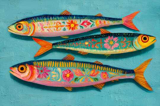 Colorful sardine fish illustration with floral folk pattern
