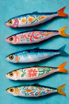 Colorful sardine fish illustration on blue textured background
