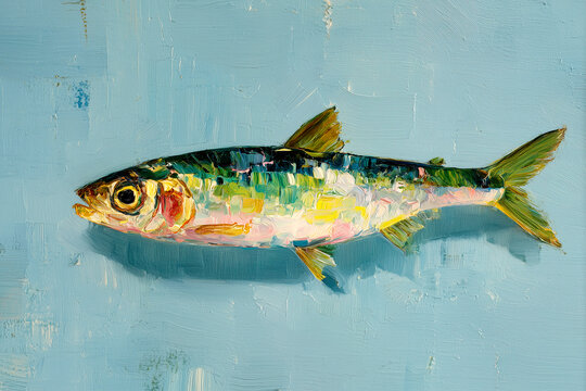 Colorful sardine fish illustration on textured blue background