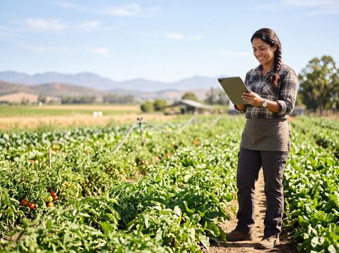 Smiling Female Farmer Using Digital Tablet in Lush Vegetable Field