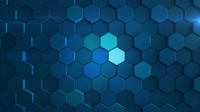 Abstract background of hexagonal shapes, shifting and illuminated with vibrant blue and teal tones, creating a dynamic visual experience.