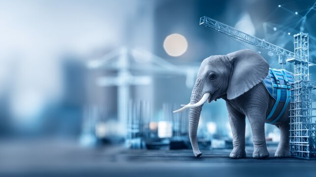 Elephant Wearing Construction Vest Standing on Worksite with Cranes in Background