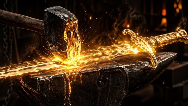 Glowing liquid gold sword forging itself by melting the dark hammer that strikes it, representing self-creation and enduring extreme hardship.
