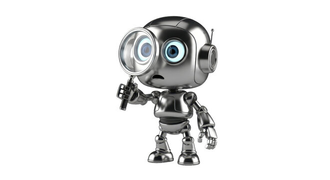Cute robot holding magnifying glass