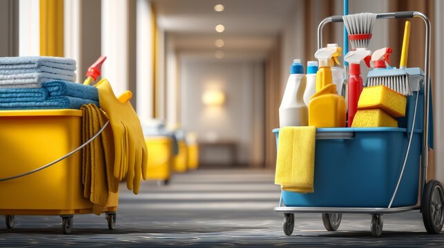 Housekeeping Cart in Hotel Corridor with Cleaning Supplies and Towels