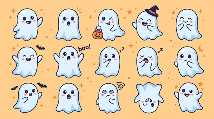 Fototapeta premium Collection of Cute Kawaii Ghosts with Different Emotions and Actions ai generated