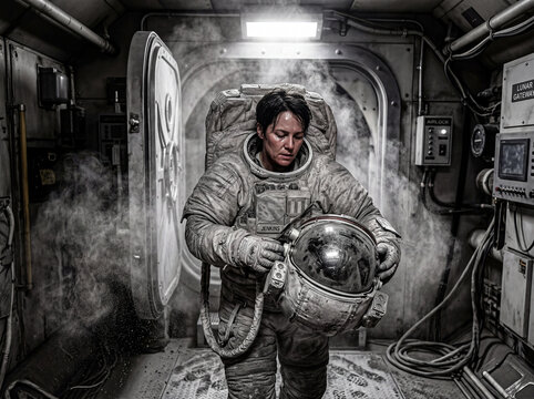 Lunar astronaut preparing helmet inside space airlock bay