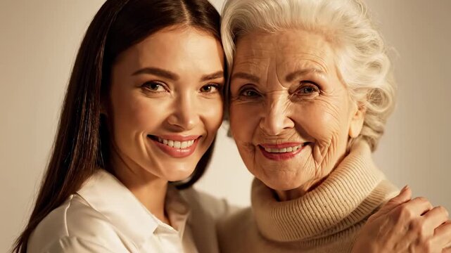 This features a young woman and an elderly woman embracing, highlighting the beauty of intergenerational relationships and age diversity in a modern urban setting.