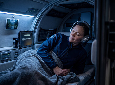Astronaut resting in lunar habitat cabin during deep space mission