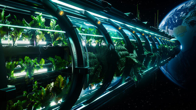 Innovative futuristic greenhouse for growing plants in space with earth in the background