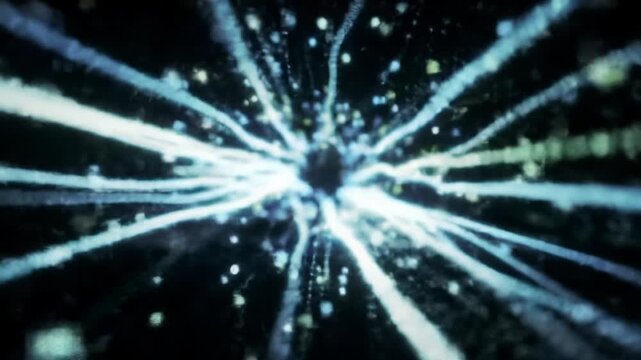 Ethereal electric blue, white, and lime green data particles drift in a deep black digital void, accelerating into streaking lines for a high-speed POV journey through an info superhighway,