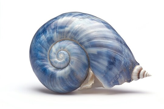 A single blue and white snail shell on a plain white background