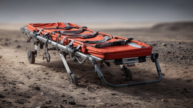 Orange Rescue Stretcher Positioned on Barren Ground in Outdoor Environment