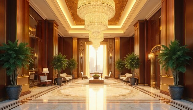 Grand hotel lobby interior, opulent decor. Large crystal chandelier hangs over marble floor. Tall potted palms flank seating areas near a large window with city view.