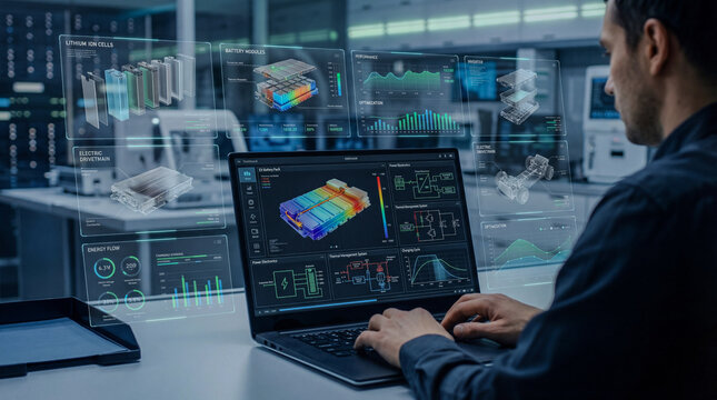 Engineer analyzing 3D battery modules and thermal energy data on a laptop in a high-tech laboratory. Electric vehicle (EV) technology and clean energy concept