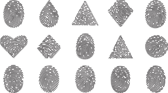 Collection of black fingerprint patterns in various shapes including a heart and stars on a white background
