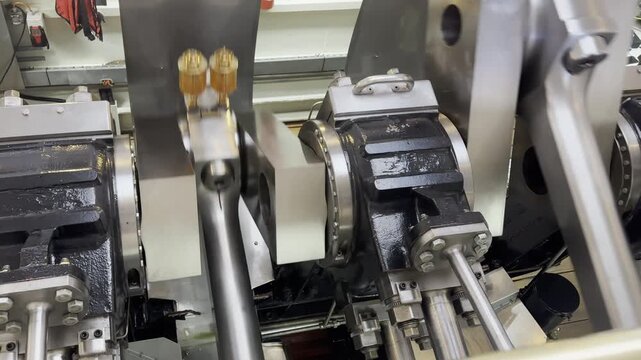 Close-up of a historic steam engine with moving steel pistons