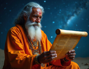 Fototapeta premium Elderly Indian man in orange robe reads ancient scroll under starry night sky. He wears necklaces and has long white beard. Astrologer contemplates cosmos for wisdom. Mystical atmosphere.
