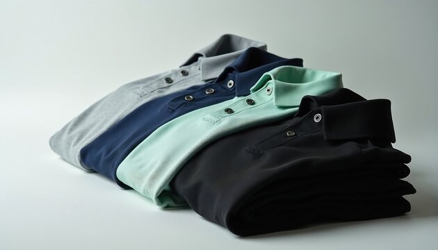 Four folded polo shirts in gray navy mint and black lie side by side. Subtle shadows add depth and elegant style to the neat clothing arrangement on a white background.