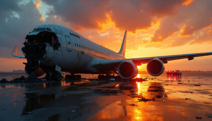 Naklejka premium Damaged airplane rests on wet ground at sunset. Emergency vehicles with flashing lights nearby. Aircraft shows extensive damage to front section, engines. Sky glows with fiery orange, yellow clouds.