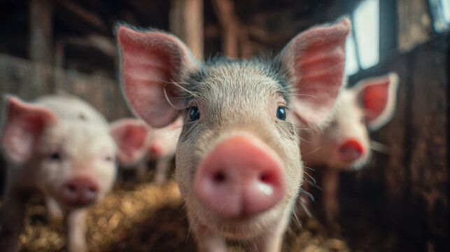 Curious piglet with large ears and pink snout looking at camera inside a rustic barn with other piglets blurred in the background on straw bedding