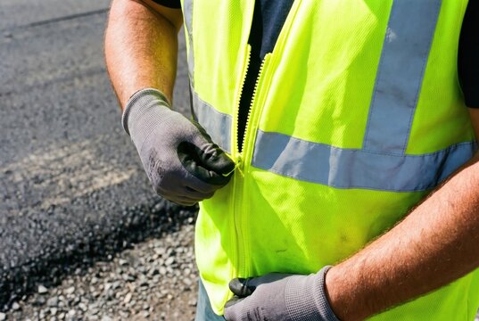 Construction worker in grey gloves zipping up a bright yellow high visibility reflective safety vest outdoors