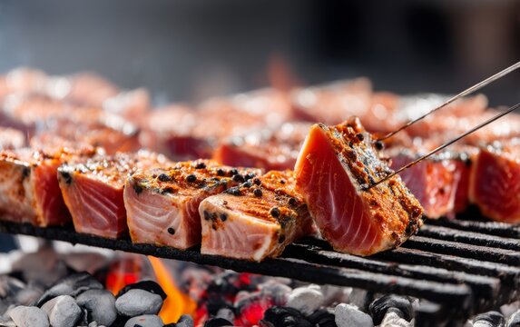 Seared Tuna Being Cooked Directly Over Open Charcoal Embers on Grill