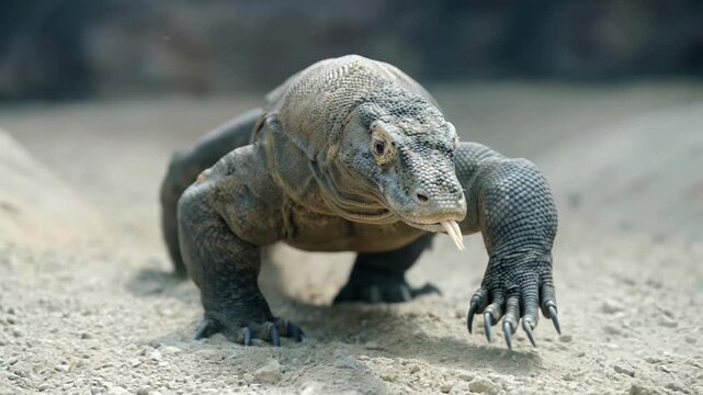 Komodo dragon walking on sandy ground with flicking tongue. Close-up view of predatory reptile in natural environment. Low angle panning shot.