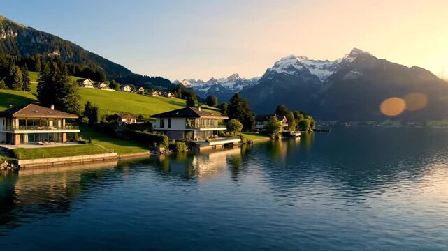 Scenic aerial view of luxurious lakeside houses nestled at the foot of snow-capped mountains during golden hour