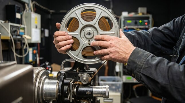 Technician hands carefully mounting a metal reel of brown magnetic audio or film tape onto a vintage industrial machine
