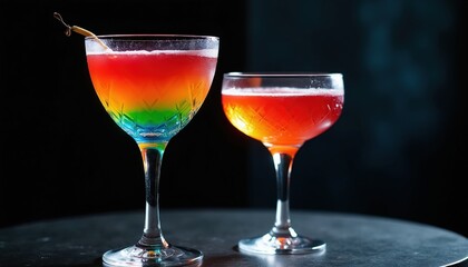 Obraz premium Two colorful layered cocktails with red, orange, yellow, green, and blue hues sit on dark table. One glass has garnish. Beautiful drinks ready for festive celebration or summer party.