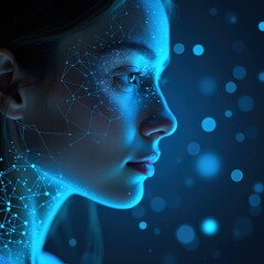 Obraz premium Woman face with digital network overlay. Glowing blue lines connect points on her skin. Abstract futuristic tech concept, AI learning, data connection, human mind interface.