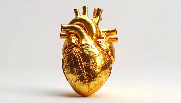A golden heart gleams with anatomical precision, embodying surreal metaphors of vitality, resilience, and the poetic tension between fragility and the preciousness of life.